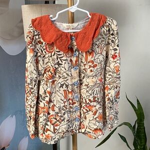 Matilda Jane Orange Scalloped Collar Printed Button-Up Blouse 100%cotton size 8